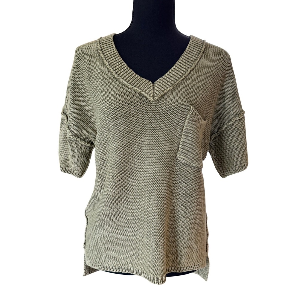 Sundance Women XS Olive Green 100% Cotton V-Neck Short Sleeve Pocket Sweater
